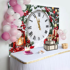 Lofaris Snowy New Year Christmas Countdown Backdrop with Clock and Berries, Festive Winter Holiday Background for Party Decor and Photoshoot