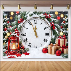 Lofaris Snowy New Year Christmas Countdown Backdrop with Clock and Berries, Festive Winter Holiday Background for Party Decor and Photoshoot