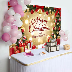 Lofaris Merry Christmas and Happy New Year Backdrop with Decorated Trees, Ornaments and Gifts, Golden Bokeh Lights for Holiday Party