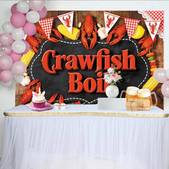 Lofaris Rustic Crawfish Boil Backdrop with Red Bunting and Corn, Festive Seafood Party Decor for Summer Outdoor Gathering