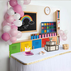Lofaris Colorful Classroom Photography Backdrop with Rainbow and Lockers, Educational School Decor for Student Photoshoot