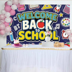 Lofaris Colorful Welcome Back to School Backdrop with Cartoon Supplies, Vibrant Classroom Photo Background for First Day of School Party