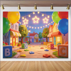 Lofaris Colorful Cartoon Alphabet Birthday Backdrop with Balloons and Stars, Playful Street Scene Photography Background for Kids Party