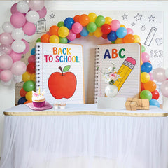 Lofaris Back to School Photography Backdrop with Apple and Pencil, Colorful ABC Notebook Photo Booth Prop for Classroom Decor
