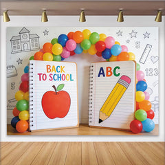 Lofaris Back to School Photography Backdrop with Apple and Pencil, Colorful ABC Notebook Photo Booth Prop for Classroom Decor