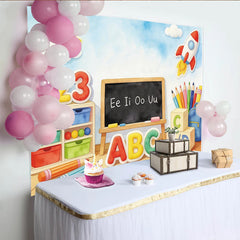Lofaris Colorful ABC 123 Educational Photography Backdrop with Rocket and Blackboard, Vibrant Classroom Learning Background for Kids Photoshoot