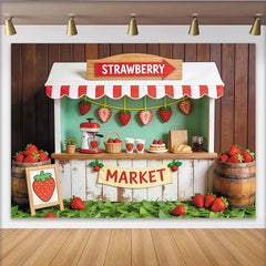 Lofaris Cute Strawberry Market Photography Backdrop with Wooden Stall and Fresh Fruit, Rustic Farm Stand Background for Kids Photoshoot
