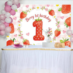 Lofaris Cute Strawberry 1st Birthday Backdrop with Daisies and Hearts, Sweet Photo Background for Baby Girl Party Decoration