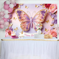 Lofaris Elegant Pink Purple Butterfly Floral Happy Birthday Backdrop, Sparkling Pearl Design Party Background for Girls Photoshoot