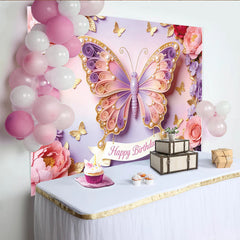 Lofaris Elegant Pink Purple Butterfly Floral Happy Birthday Backdrop, Sparkling Pearl Design Party Background for Girls Photoshoot