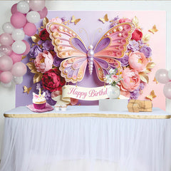Lofaris Pink Purple Butterfly Floral Birthday Backdrop with Pearls and Gold, Elegant Party Background for Girls Celebration
