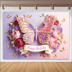 Lofaris Pink Purple Butterfly Floral Birthday Backdrop with Pearls and Gold, Elegant Party Background for Girls Celebration