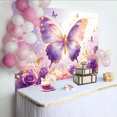 Lofaris Sparkling Purple and Pink Butterfly Floral Photography Backdrop with Golden Glitter, Dreamy Rose Background for Studio Photoshoot