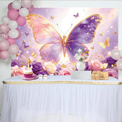 Lofaris Elegant Glitter Pink Purple Butterfly Floral Photography Backdrop, Dreamy Rose Flower Background for Girls Birthday Party Decor