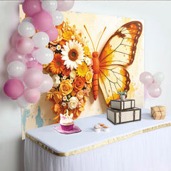 Lofaris Floral Butterfly Photography Backdrop with Orange and Yellow Flowers, Artistic Textured Wall Background for Studio Photoshoot
