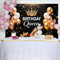 Lofaris Elegant Black and Gold Birthday Queen Backdrop with Crown and Sparkling Heels, Glitter Balloons Party Decor for Women's Birthday