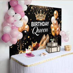 Lofaris Elegant Black and Gold Birthday Queen Backdrop with Crown and Sparkling Heels, Glitter Balloons Party Decor for Women's Birthday