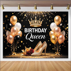 Lofaris Elegant Black and Gold Birthday Queen Backdrop with Crown and Sparkling Heels, Glitter Balloons Party Decor for Women's Birthday