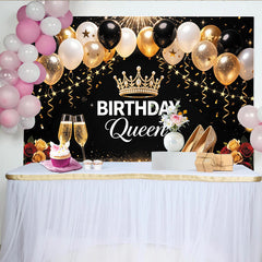 Lofaris Elegant Black and Gold Birthday Queen Backdrop with Balloons and Crown, Luxurious Party Photography Background for Women