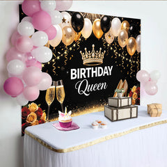 Lofaris Elegant Black and Gold Birthday Queen Backdrop with Balloons and Crown, Luxurious Party Photography Background for Women