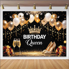 Lofaris Elegant Black and Gold Birthday Queen Backdrop with Balloons and Crown, Luxurious Party Photography Background for Women