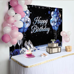 Lofaris Elegant Blue Silver Glitter Birthday Backdrop with Balloons, Sparkling Party Background for Women's Celebration Photoshoot