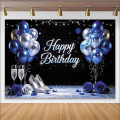 Lofaris Elegant Blue Silver Glitter Birthday Backdrop with Balloons, Sparkling Party Background for Women's Celebration Photoshoot