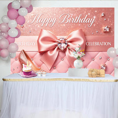 Lofaris Pink Glitter Birthday Backdrop with Elegant Bow and Diamond, Luxurious Quilted Background for Women's Celebration Party Photography