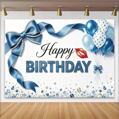 Lofaris Blue Ribbon Birthday Backdrop with Pearls, Balloons and Sparkling Gems, Elegant Party Background for Photoshoot and Celebration