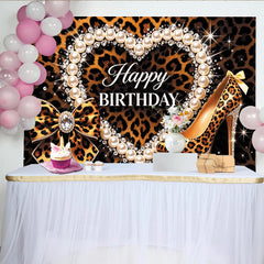 Lofaris Leopard Print Happy Birthday Backdrop with Pearls, Diamonds, and High Heel Shoe, Glamorous Party Background for Women