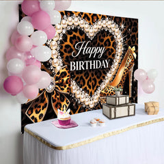 Lofaris Leopard Print Happy Birthday Backdrop with Pearls, Diamonds, and High Heel Shoe, Glamorous Party Background for Women