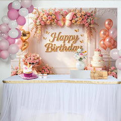 Lofaris Pink Gold Floral Butterfly Birthday Backdrop with Balloons and Cake, Elegant Party Background for Girls Women Photoshoot