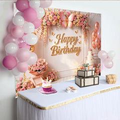 Lofaris Pink Gold Floral Butterfly Birthday Backdrop with Balloons and Cake, Elegant Party Background for Girls Women Photoshoot