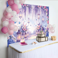 Lofaris Pink Purple Floral Photography Backdrop with Wisteria and Lanterns, Dreamy Elegant Background for Wedding Photoshoot