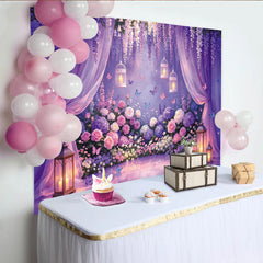 Lofaris Enchanted Purple Floral Garden Photography Backdrop with Wisteria, Butterflies and Sheer Curtains, Romantic Party Decor for Photoshoot