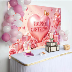 Lofaris Pink Heart Crown Birthday Backdrop with Balloons and Roses, Elegant Party Background for Princess Theme Photoshoot Decor