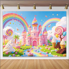 Lofaris Pink Candy Land Castle Birthday Backdrop with Rainbow and Sweet Treats, Whimsical Photo Background for Kids Party Decor