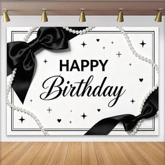 Lofaris Elegant Black and White Birthday Backdrop with Pearl Strings and Bows, Chic Party Decor for Women and Girls Photoshoot