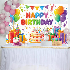 Lofaris Vibrant Colorful Happy Birthday Backdrop with Balloons and Cake, Festive Party Background for Kids Celebration