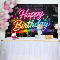 Lofaris Colorful Neon Happy Birthday Backdrop with Paint Splatters on Brick Wall, Vibrant Party Background for Photoshoot and Decor