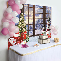 Lofaris Winter Christmas Window Backdrop, Snowy Forest and Decorated Tree Holiday Photography Background for Party Decor