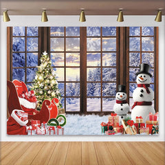 Lofaris Winter Christmas Window Backdrop, Snowy Forest and Decorated Tree Holiday Photography Background for Party Decor