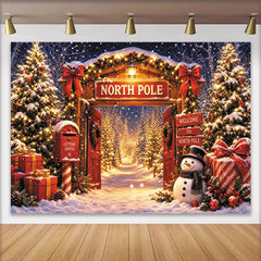 Lofaris Snowy North Pole Christmas Archway Backdrop with Glowing Trees, Charming Snowman and Gifts Winter Wonderland Background