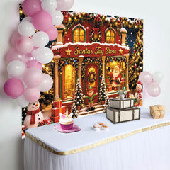 Lofaris Festive Santa's Toy Store Christmas Backdrop, Snowy Winter Scene with Santa, Elf, and Gifts for Family Photoshoot