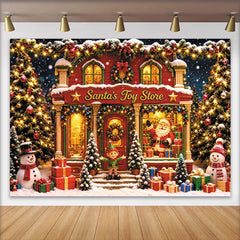 Lofaris Festive Santa's Toy Store Christmas Backdrop, Snowy Winter Scene with Santa, Elf, and Gifts for Family Photoshoot