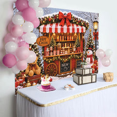 Lofaris Snowy Hot Cocoa Stand Christmas Backdrop with Festive Trees, Winter Holiday Market Background for Party Decor