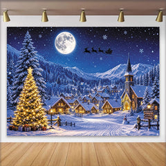 Lofaris Snowy Christmas Village Backdrop with Full Moon and Santa's Sleigh, Festive Winter Wonderland Background for Holiday Party Decoration