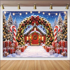 Lofaris Snowy Christmas House Backdrop with Festive Lights and Gifts, Winter Wonderland Photography Background for Holiday Party Decor