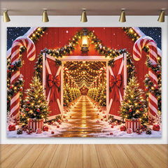 Lofaris Red Barn Christmas Backdrop with Candy Canes and Snowy Trees, Festive Holiday Background for Winter Party Photography