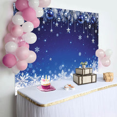 Lofaris Sparkling Blue Christmas Backdrop with White Snow and Silver Stars, Festive Winter Holiday Background for Party Decor